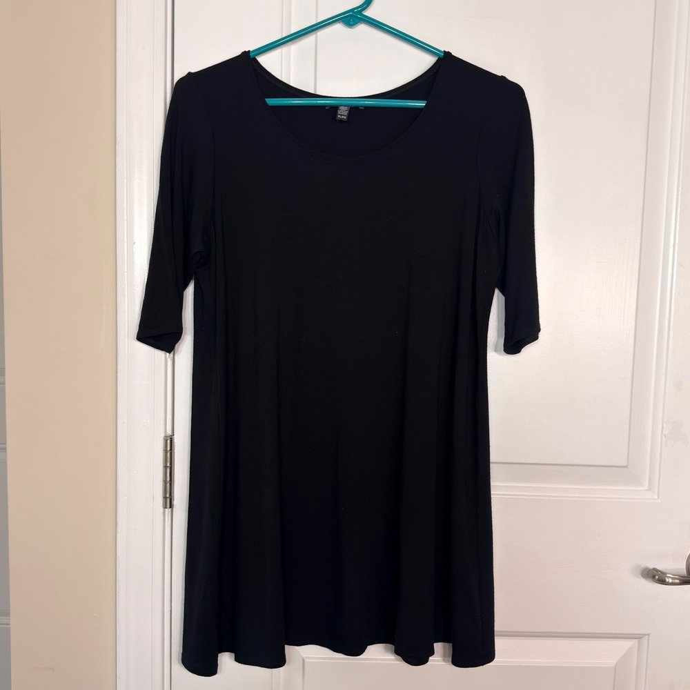 Eileen Fisher Petite Black Jersey A-Line Tunic Scoop Neck 3/4 Sleeve Top PL